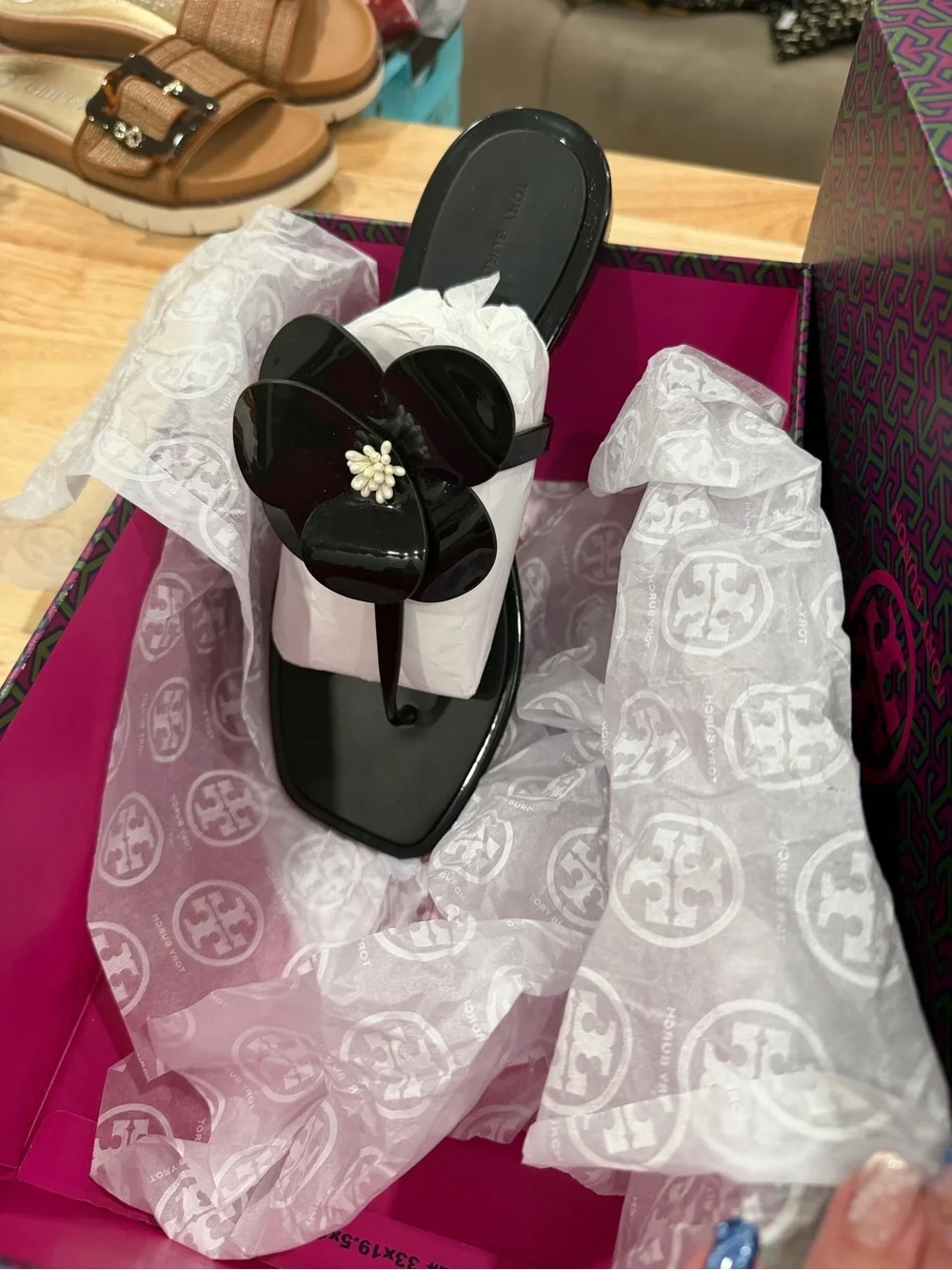 Tory Burch Black Floral Jelly Sandals with Ivory Center
